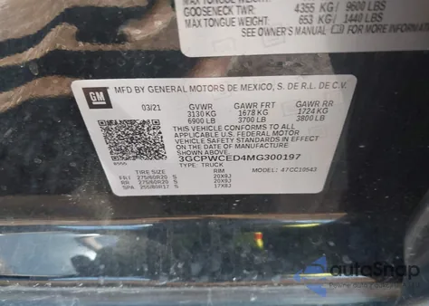 2021 Chevrolet Silverado 1500 2Wd Short Bed Lt z USA, uszkodzony, nr VIN 3GCPWCED4MG300197